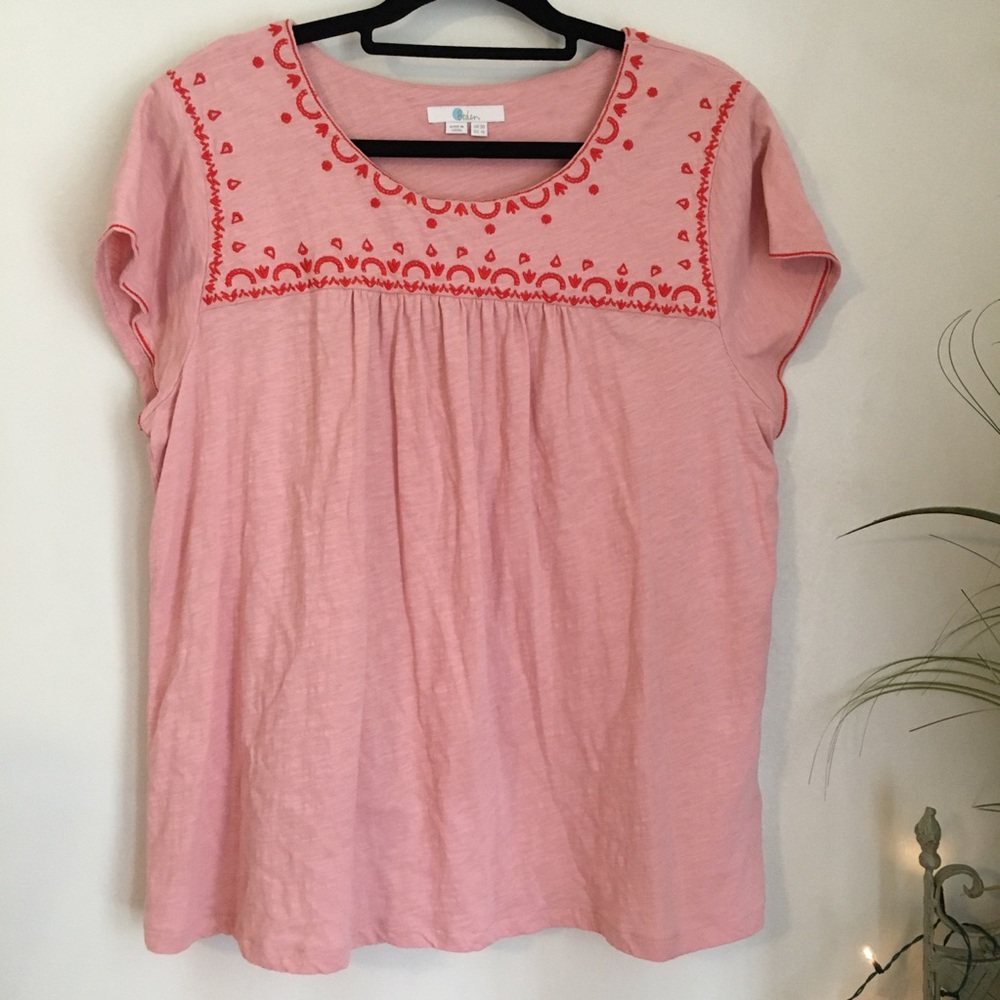 Boden Pink Embroidered Short Sleeve Peasant Top